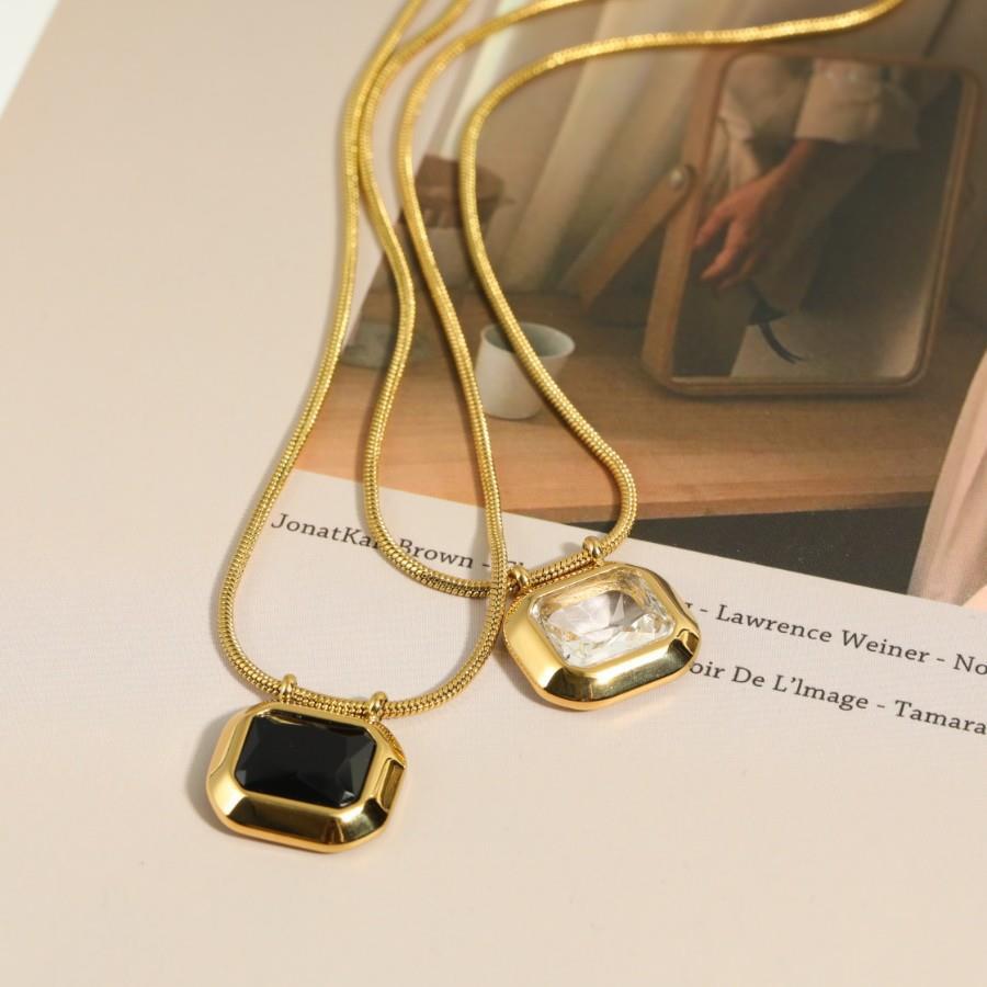 retro geometric titanium steel plating inlay zircon 18k gold plated pendant necklace