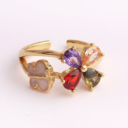 pastoral flower copper plating inlay zircon open ring 1 piece