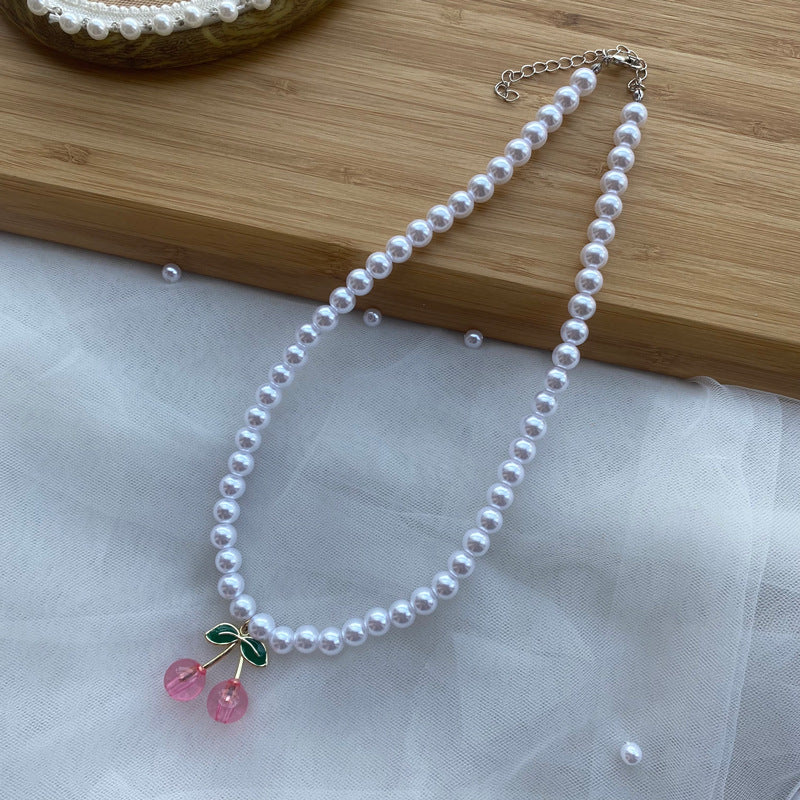 1 piece cute cherry artificial crystal pearl beaded women's pendant necklace