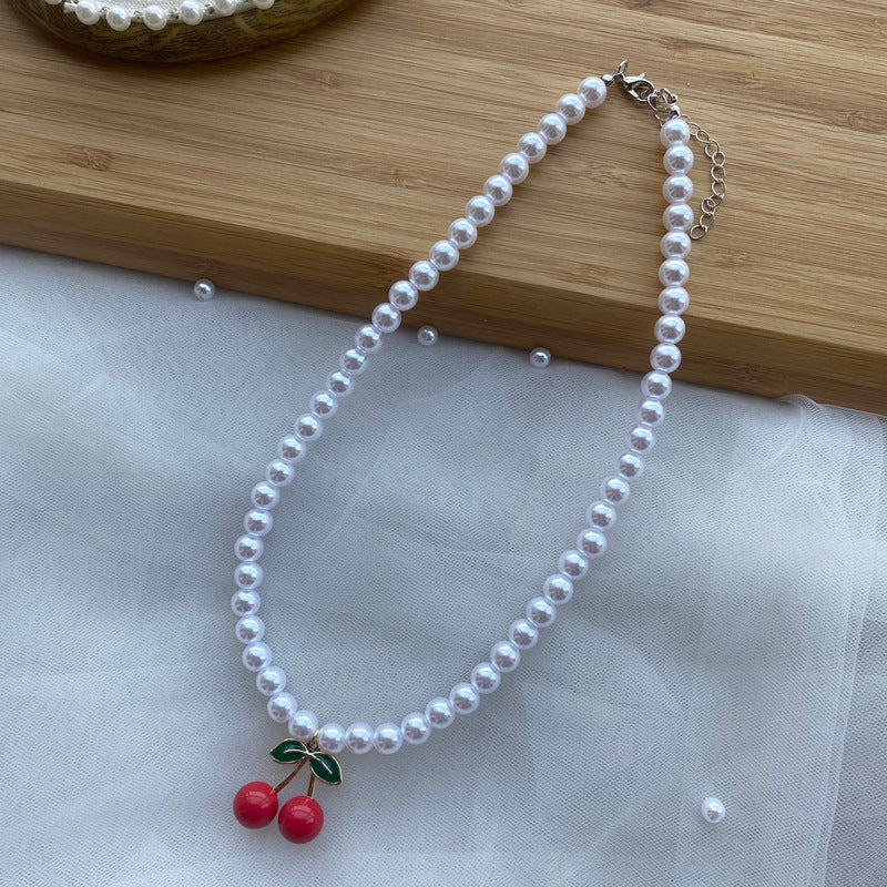 1 piece cute cherry artificial crystal pearl beaded women's pendant necklace