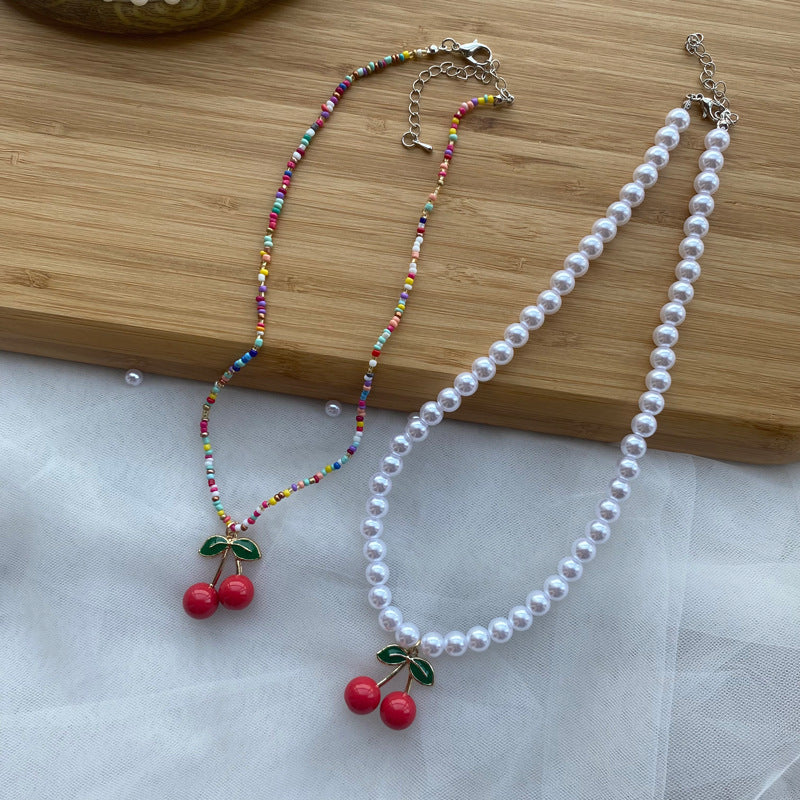 1 piece cute cherry artificial crystal pearl beaded women's pendant necklace