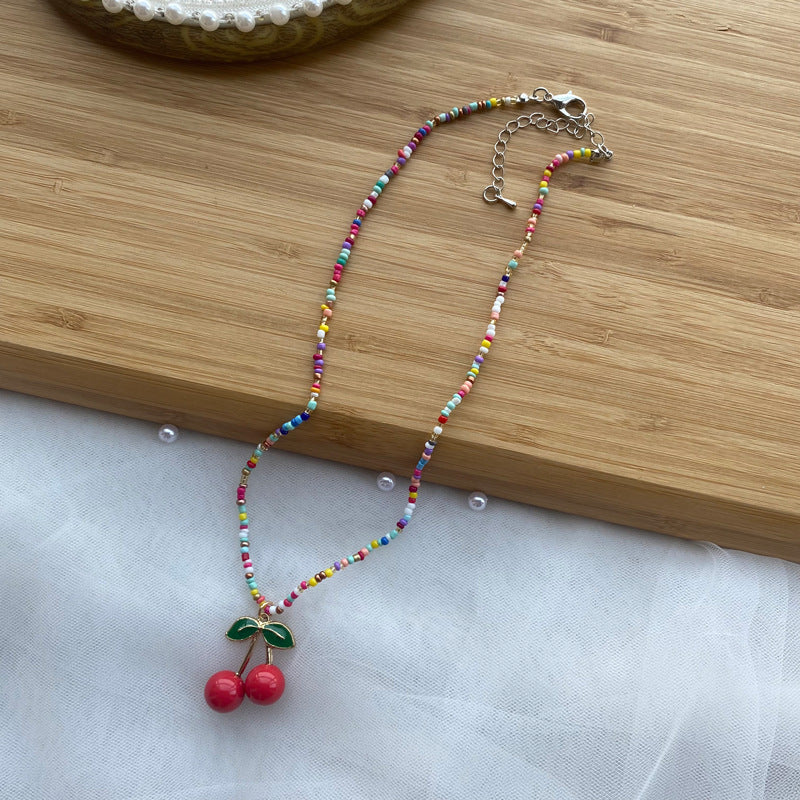 1 piece cute cherry artificial crystal pearl beaded women's pendant necklace