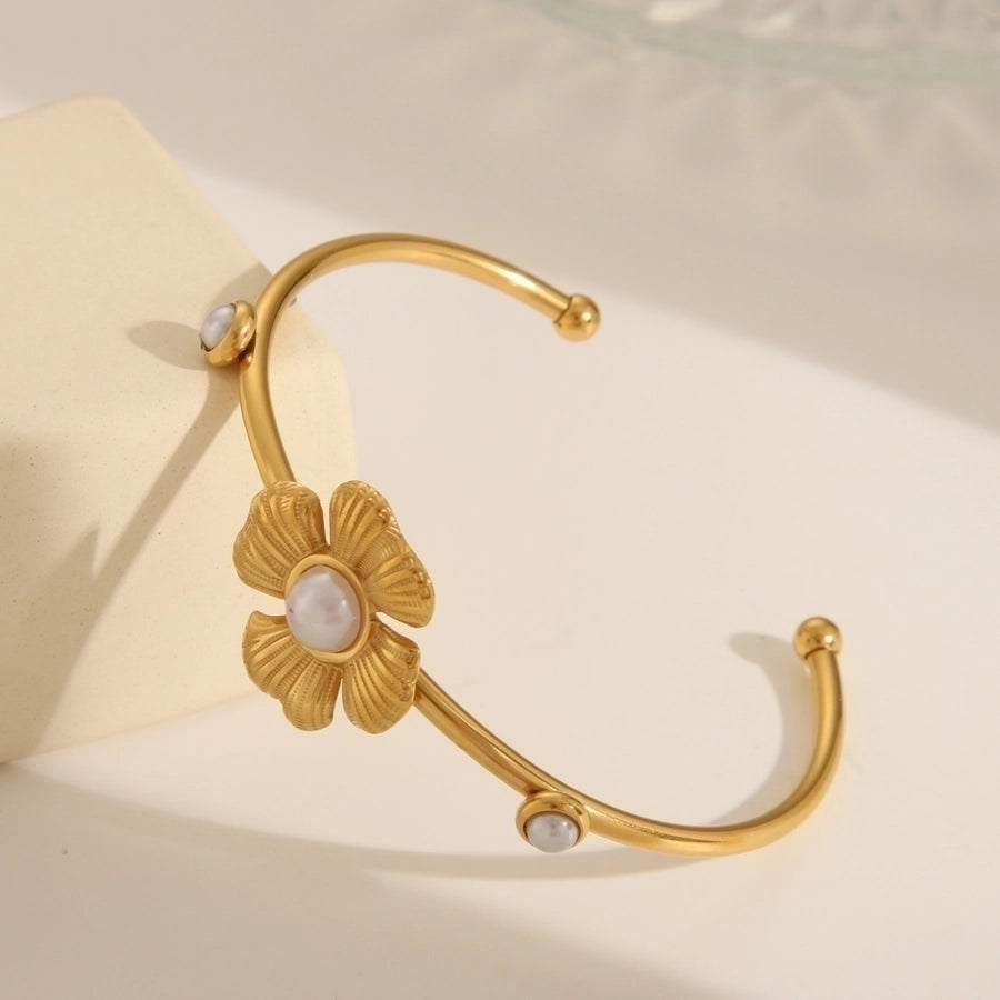 Basic Commute Flower Bow Knot 304 Stainless Steel 18K Gold Plated Artificial Pearls Stainless Steel Bracelets In Bulk