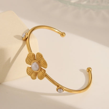 Basic Commute Flower Bow Knot 304 Stainless Steel 18K Gold Plated Artificial Pearls Stainless Steel Bracelets In Bulk