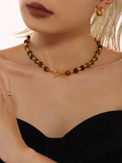 Baroque Style Shiny Geometric 304 Stainless Steel Imitation Pearl Tiger Eye Beaded Chain Necklace In Bulk