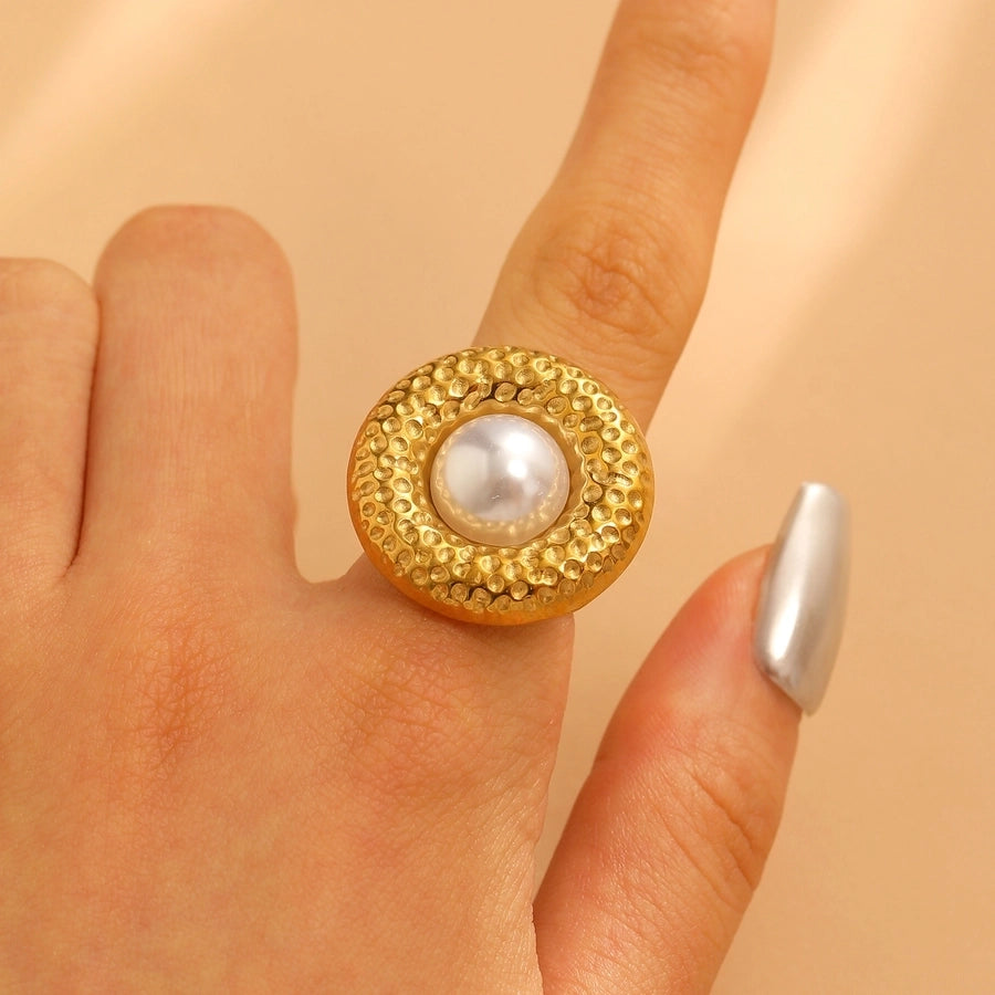 Jewelry IG Style Exaggerated Geometric Flower 304 Stainless Steel Gem Turquoise Pearl 18K Gold Plated Inlay Open Rings