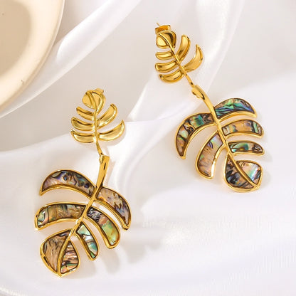 1 Pair IG Style Vacation Beach Leaves Patchwork Inlay 304 Stainless Steel Shell 18K Gold Plated Drop Earrings