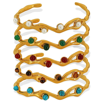 Simple Style Branches 304 Stainless Steel Tiger Eye 18K Gold Plated Artificial Pearls Turquoise Agate Bangle In Bulk