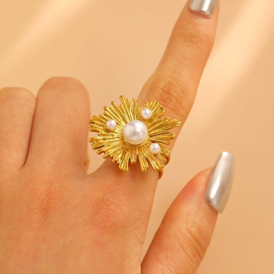 Jewelry IG Style Exaggerated Geometric Flower 304 Stainless Steel Gem Turquoise Pearl 18K Gold Plated Inlay Open Rings