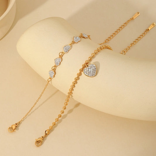 Elegant Cute Heart Shape 316 Stainless Steel  18K Gold Plated Zircon ball chain cable chain Bracelets In Bulk