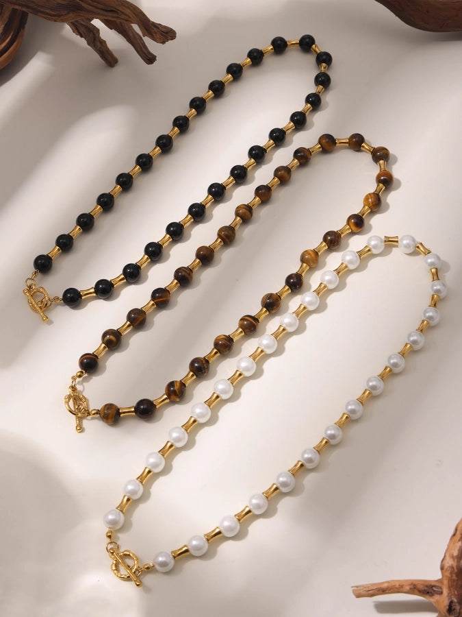 Baroque Style Shiny Geometric 304 Stainless Steel Imitation Pearl Tiger Eye Beaded Chain Necklace In Bulk