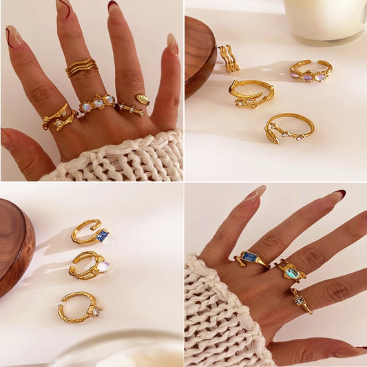 Jewelry Retro Geometric 316L Stainless Steel  Rhinestones Zircon 18K Gold Plated Irregular Open Rings