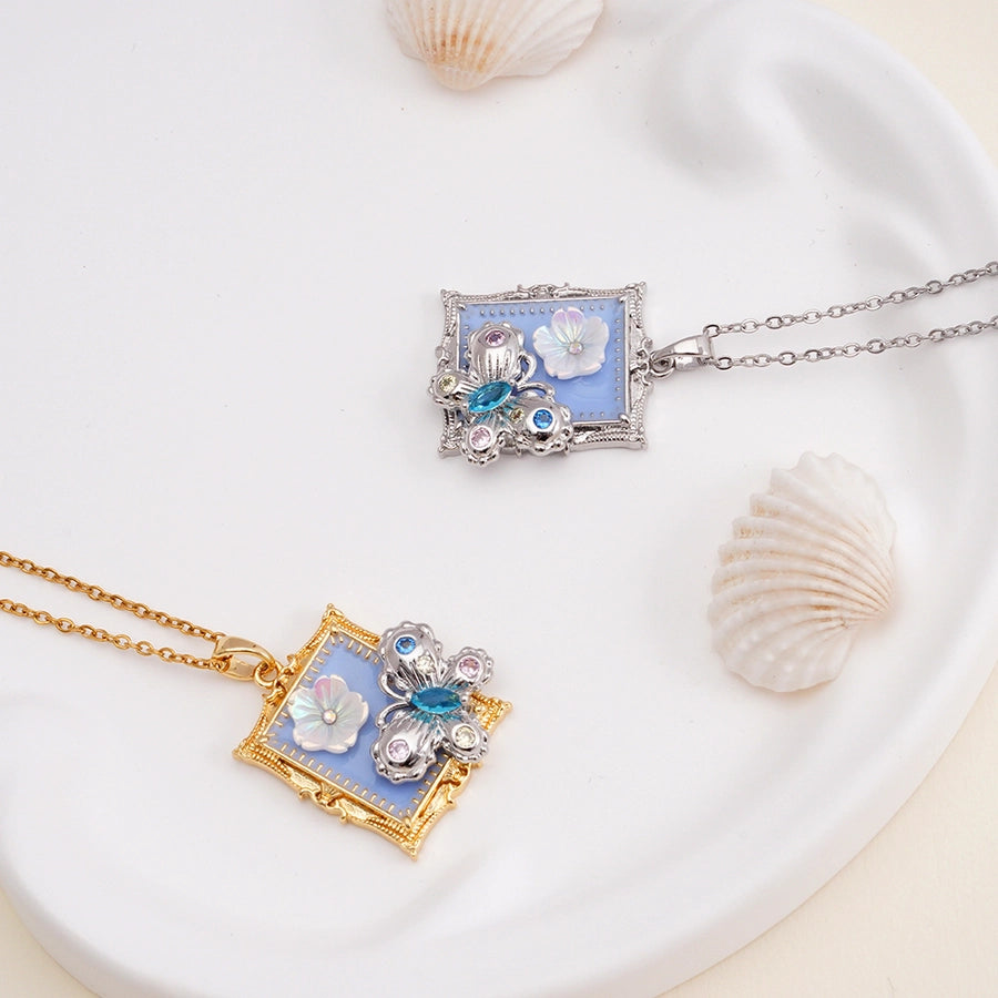 Jewelry IG Style Glam Flower Butterfly Rectangle 304 Stainless Steel Copper Zircon Inlay Pendant Necklace