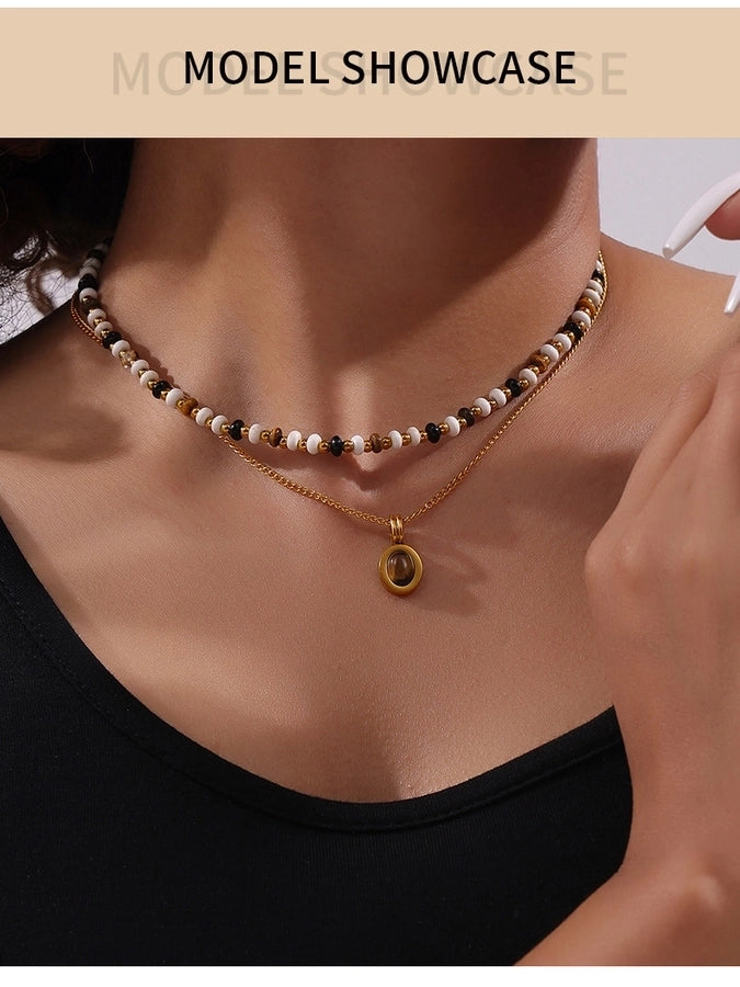 Retro Simple Style Round 304 Stainless Steel natural stone Tiger Eye 18K Gold Plated Tiger Eye Pendant Necklace Necklace In Bulk