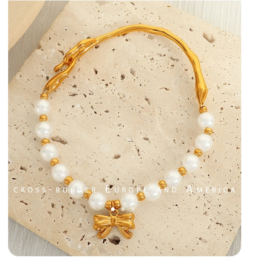 Elegant Baroque Style IG Style Bow Knot 18K Gold Plated 304 Stainless Steel Imitation Pearl  Bracelets