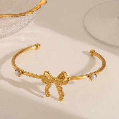 Basic Commute Flower Bow Knot 304 Stainless Steel 18K Gold Plated Artificial Pearls Stainless Steel Bracelets In Bulk