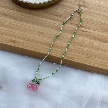 1 piece cute cherry artificial crystal pearl beaded women's pendant necklace