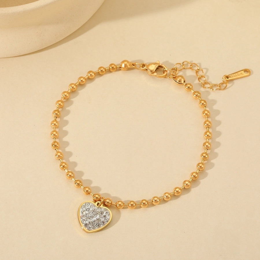 Elegant Cute Heart Shape 316 Stainless Steel  18K Gold Plated Zircon ball chain cable chain Bracelets In Bulk