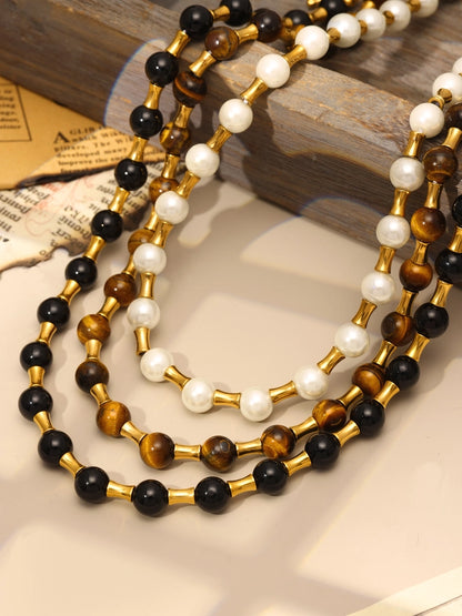 Baroque Style Shiny Geometric 304 Stainless Steel Imitation Pearl Tiger Eye Beaded Chain Necklace In Bulk