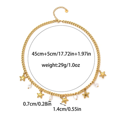 Jewelry Preppy Style Simple Style Streetwear Pentagram 304 Stainless Steel 14K Gold Plated Pearl Pendant Necklace Multi Charms Necklace Cuban Link Chain Curb Chain