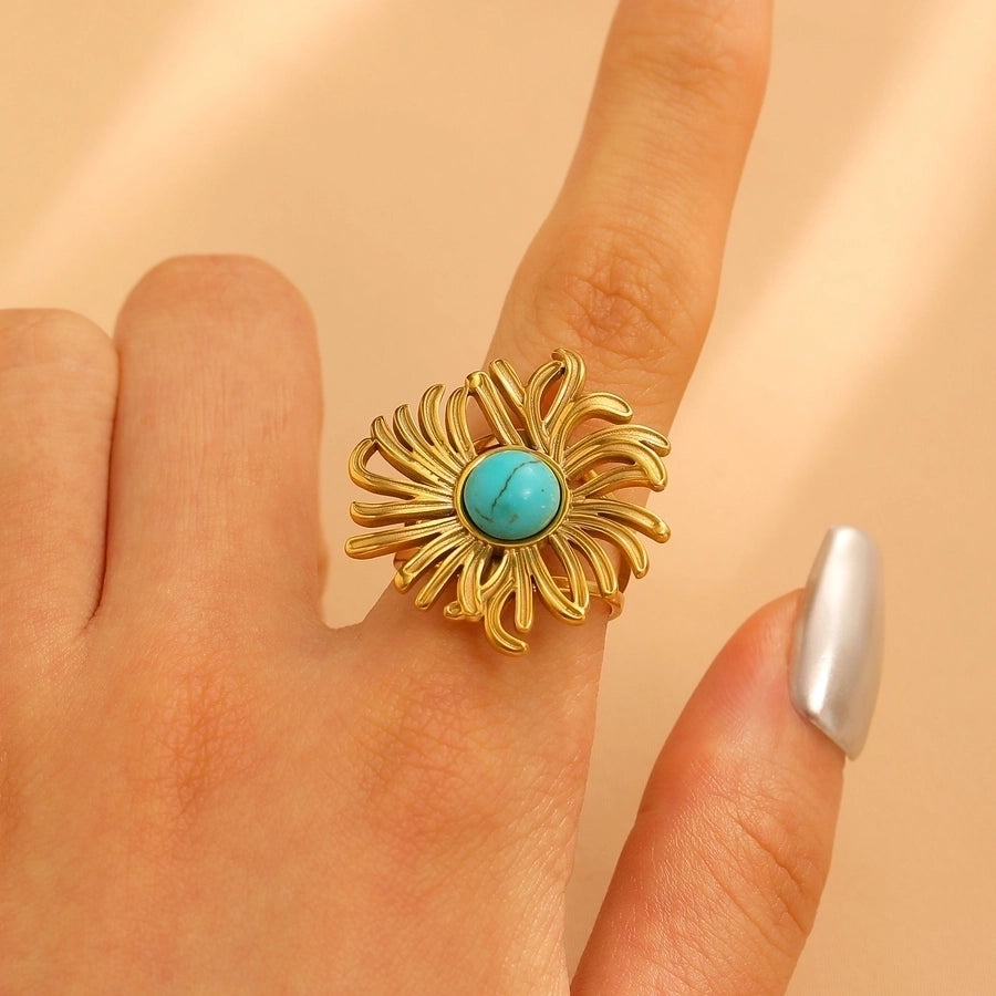 Jewelry IG Style Exaggerated Geometric Flower 304 Stainless Steel Gem Turquoise Pearl 18K Gold Plated Inlay Open Rings