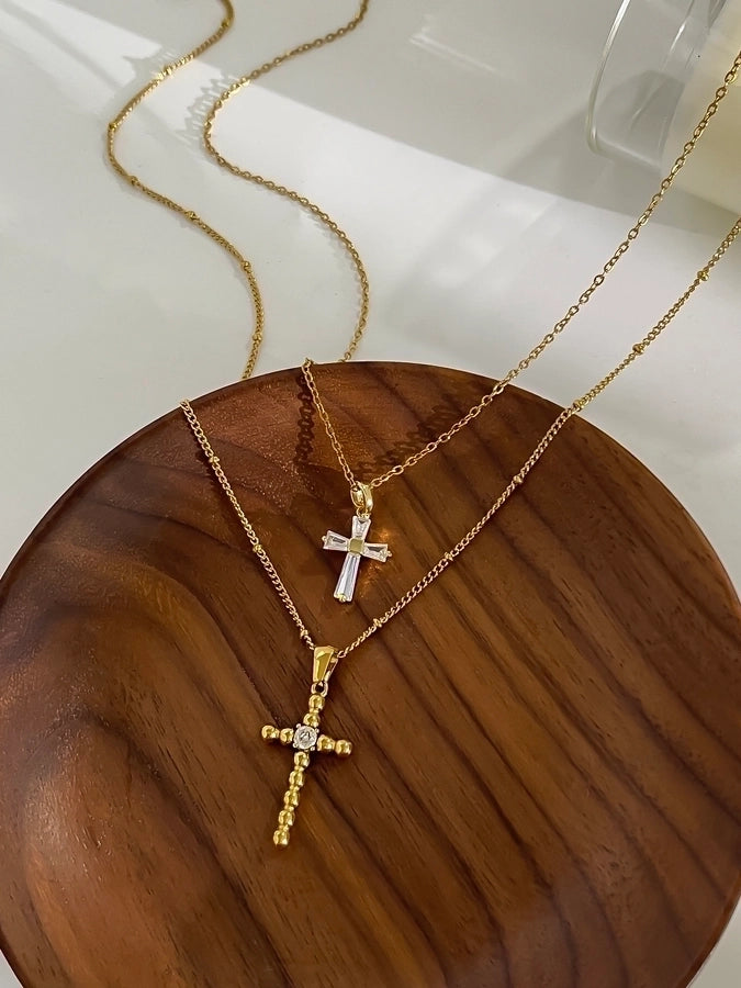 316L Stainless Steel  14K Gold Plated 18K Gold Plated Inlay Cross Rhinestones Zircon Pendant Necklace