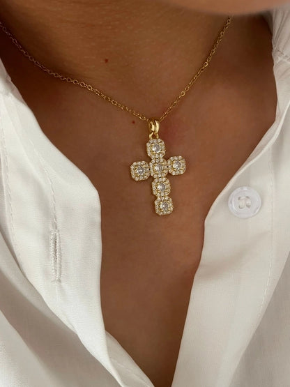 316L Stainless Steel  14K Gold Plated 18K Gold Plated Inlay Cross Rhinestones Zircon Pendant Necklace