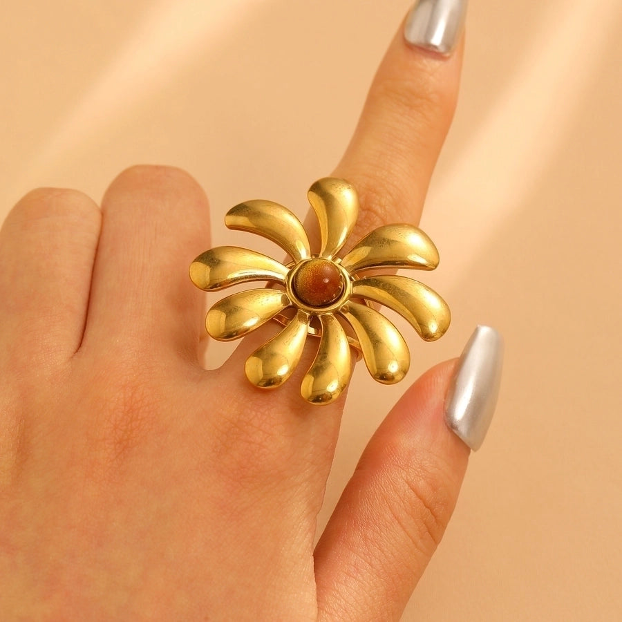 Jewelry IG Style Exaggerated Geometric Flower 304 Stainless Steel Gem Turquoise Pearl 18K Gold Plated Inlay Open Rings