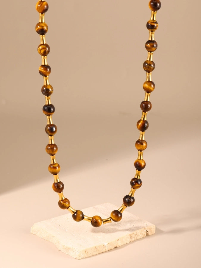 Baroque Style Shiny Geometric 304 Stainless Steel Imitation Pearl Tiger Eye Beaded Chain Necklace In Bulk