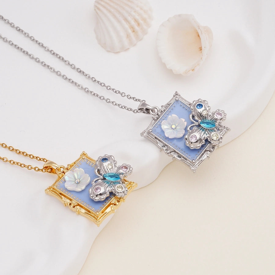 Jewelry IG Style Glam Flower Butterfly Rectangle 304 Stainless Steel Copper Zircon Inlay Pendant Necklace