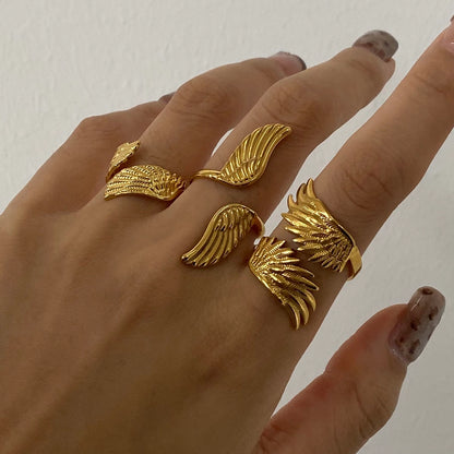 18K Gold Stainless Steel  Angel Wings Ring  Sold Jewelry Niche Retro Creative Peace Dove Feather Adjustable Opening Ring