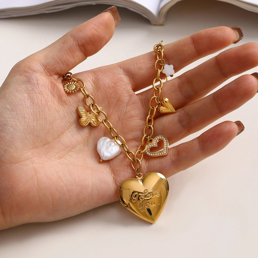 Jewelry Simple Style Classic Style Heart Shape Flower Butterfly 304 Stainless Steel Zircon Pearl Hollow Out Inlay Multi Charms Necklace