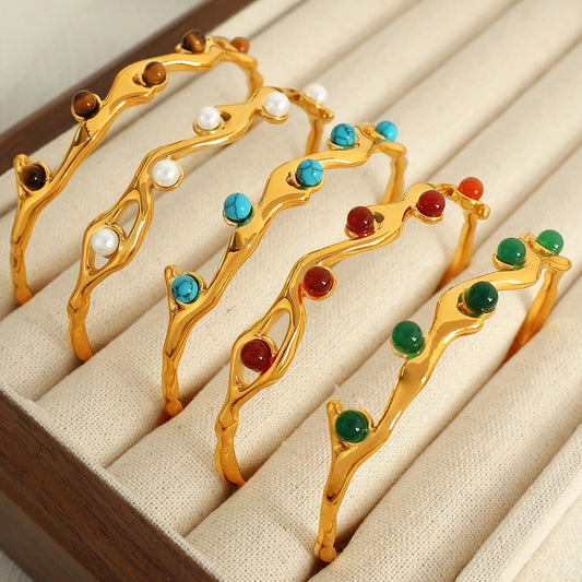 Simple Style Branches 304 Stainless Steel Tiger Eye 18K Gold Plated Artificial Pearls Turquoise Agate Bangle In Bulk