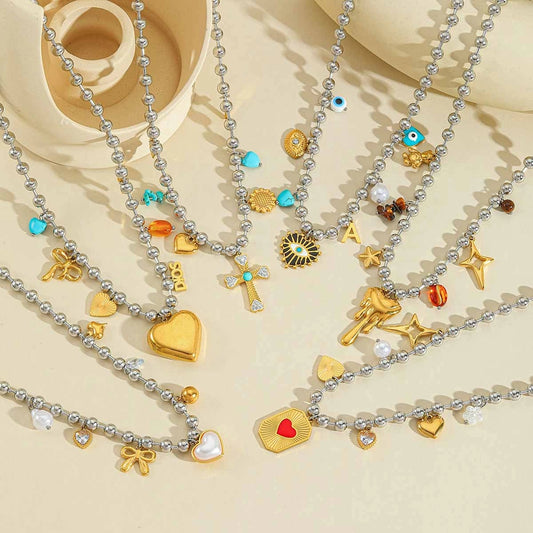 Jewelry Elegant Cute Artistic Cross Heart Shape Eye 304 Stainless Steel Acrylic Imitation Pearl Zircon 18K Gold Plated Plating Inlay Multi Charms Necklace Beaded Chain