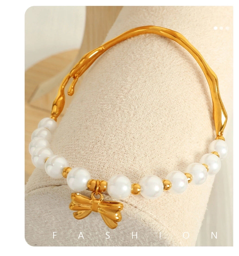 Elegant Baroque Style IG Style Bow Knot 18K Gold Plated 304 Stainless Steel Imitation Pearl  Bracelets