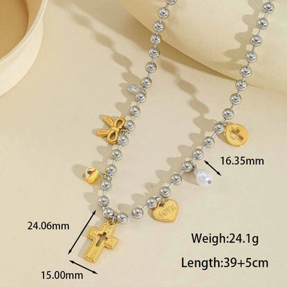 Jewelry Elegant Cute Artistic Cross Heart Shape Eye 304 Stainless Steel Acrylic Imitation Pearl Zircon 18K Gold Plated Plating Inlay Multi Charms Necklace Beaded Chain