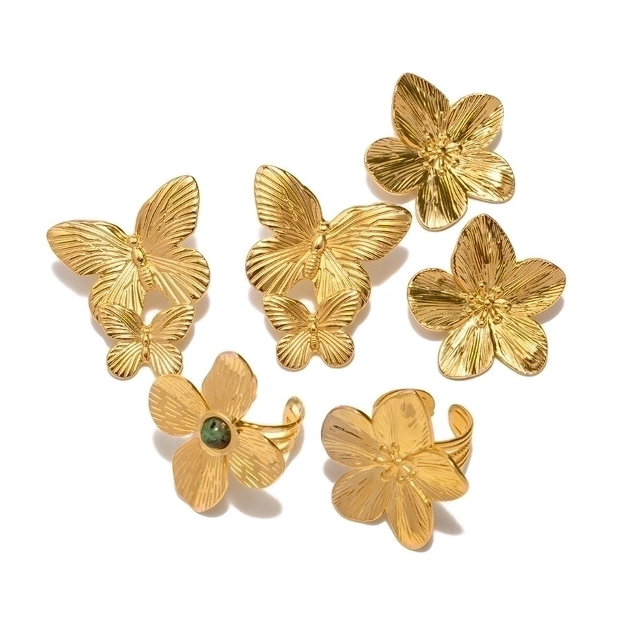 Jewelry INS Style Flower Butterfly 304 Stainless Steel Turquoise 18K Gold Plated Plating Inlay Rings Earrings