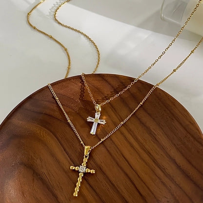 316L Stainless Steel  14K Gold Plated 18K Gold Plated Inlay Cross Rhinestones Zircon Pendant Necklace