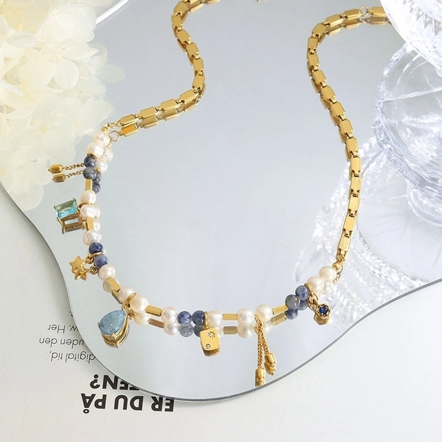 Jewelry Elegant Star Water Droplets Freshwater Pearl Titanium Steel Brass Natural Stone Glass Stone 18K Gold Plated Inlay Necklace