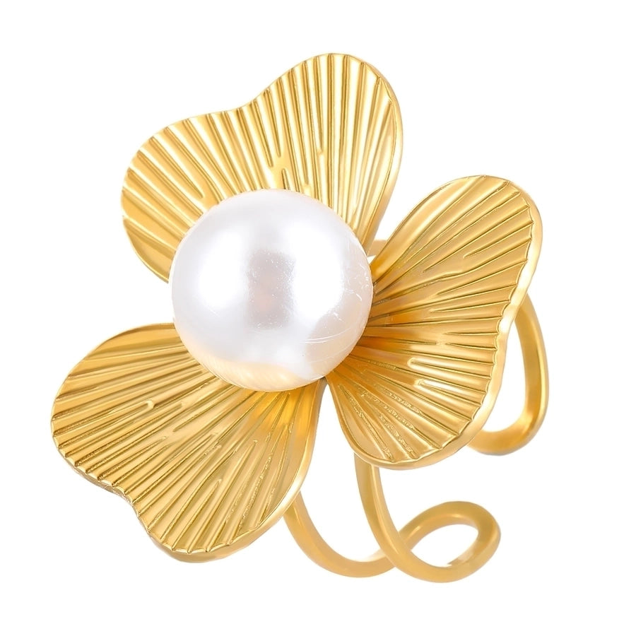 Jewelry IG Style Exaggerated Geometric Flower 304 Stainless Steel Gem Turquoise Pearl 18K Gold Plated Inlay Open Rings