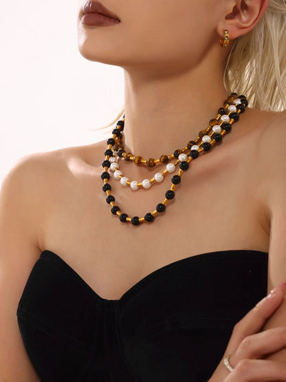 Baroque Style Shiny Geometric 304 Stainless Steel Imitation Pearl Tiger Eye Beaded Chain Necklace In Bulk