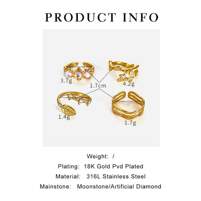 Jewelry Retro Geometric 316L Stainless Steel  Rhinestones Zircon 18K Gold Plated Irregular Open Rings