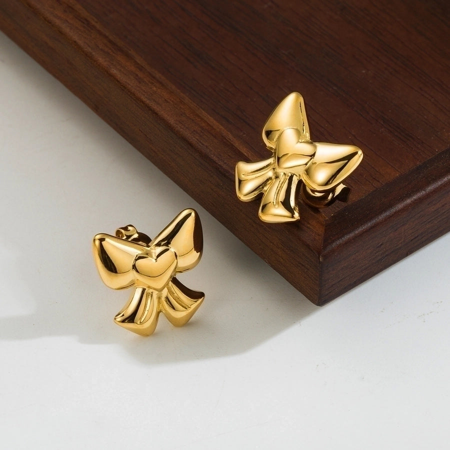 1 Pair Cute Simple Style Heart Shape Bow Knot Polishing Plating 304 Stainless Steel 14K Gold Plated Stainless Steel Earrings