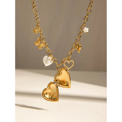 Jewelry Simple Style Classic Style Heart Shape Flower Butterfly 304 Stainless Steel Zircon Pearl Hollow Out Inlay Multi Charms Necklace