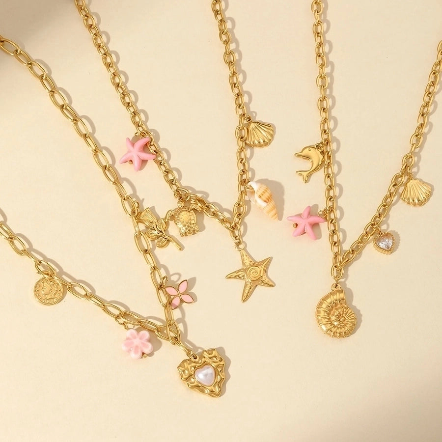 Jewelry Sweet Star Heart Shape Shell 304 Stainless Steel Imitation Pearl 18K Gold Plated Enamel Plating Inlay Pendant Necklace Multi Charms Necklace