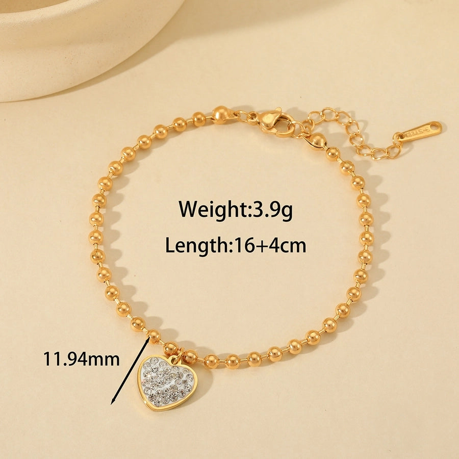 Elegant Cute Heart Shape 316 Stainless Steel  18K Gold Plated Zircon ball chain cable chain Bracelets In Bulk