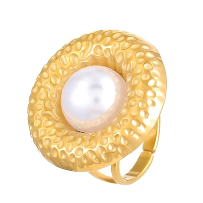 Jewelry IG Style Exaggerated Geometric Flower 304 Stainless Steel Gem Turquoise Pearl 18K Gold Plated Inlay Open Rings