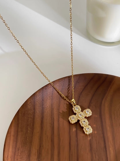 316L Stainless Steel  14K Gold Plated 18K Gold Plated Inlay Cross Rhinestones Zircon Pendant Necklace