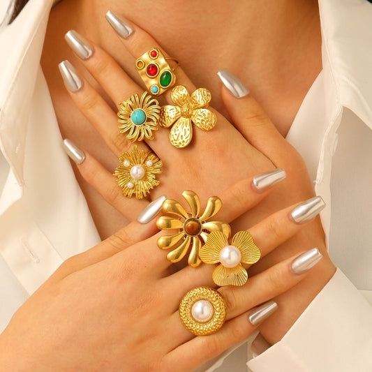 Jewelry IG Style Exaggerated Geometric Flower 304 Stainless Steel Gem Turquoise Pearl 18K Gold Plated Inlay Open Rings