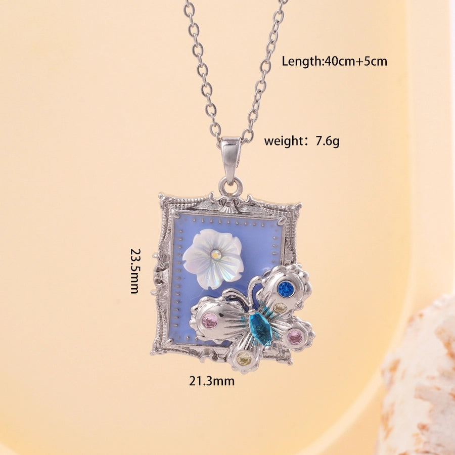 Jewelry IG Style Glam Flower Butterfly Rectangle 304 Stainless Steel Copper Zircon Inlay Pendant Necklace